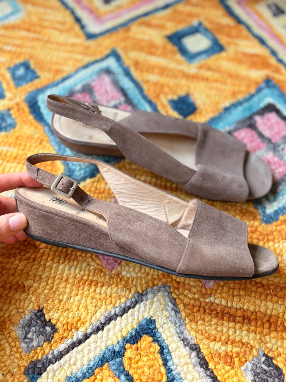 Bruno Magli Taupe Suede Slingback Peep-Toe Sandals